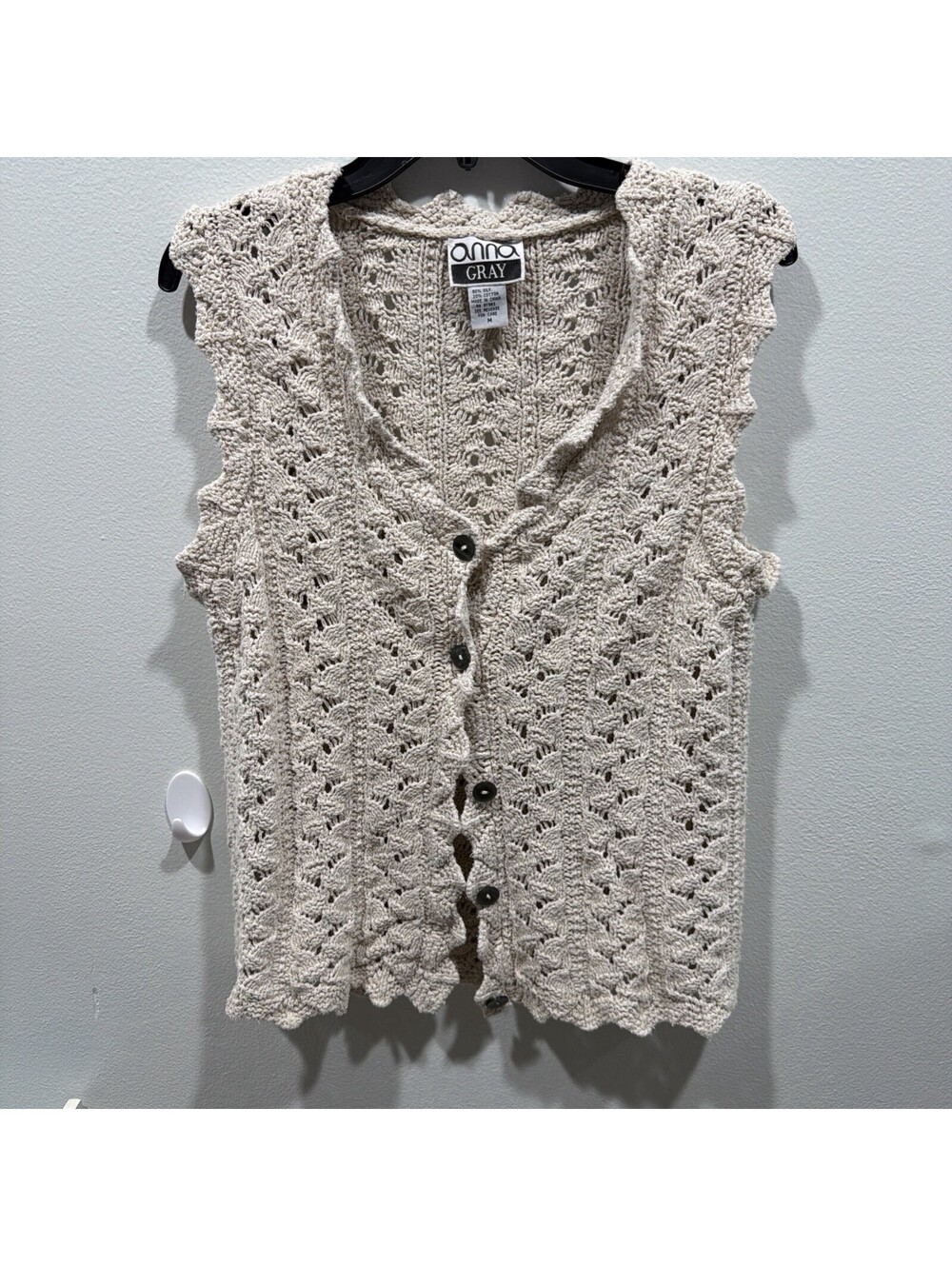 Vintage 90s Anna Gray Silk Cotton Blend Knit Cardigan Medium